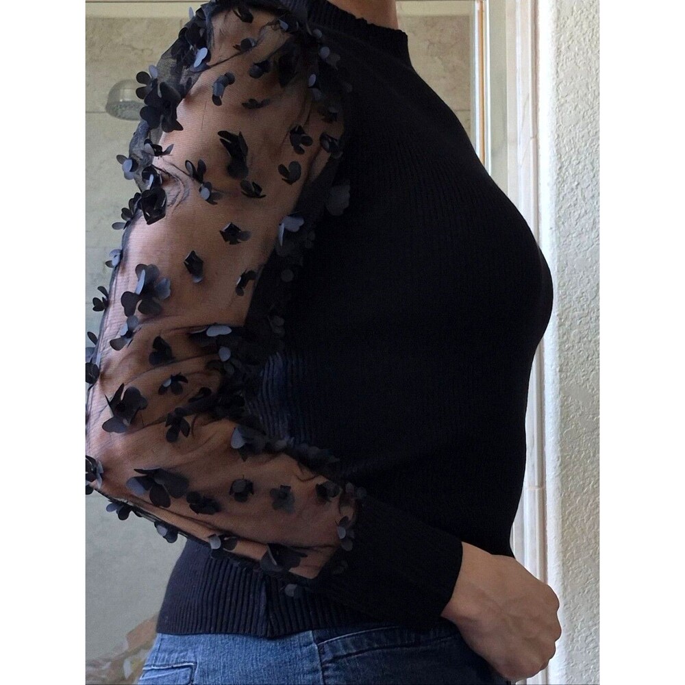 Almost Famous, Ribbed, Mock Sweater, with 3D Floral Mesh Sleeves - Picture 2 of 16